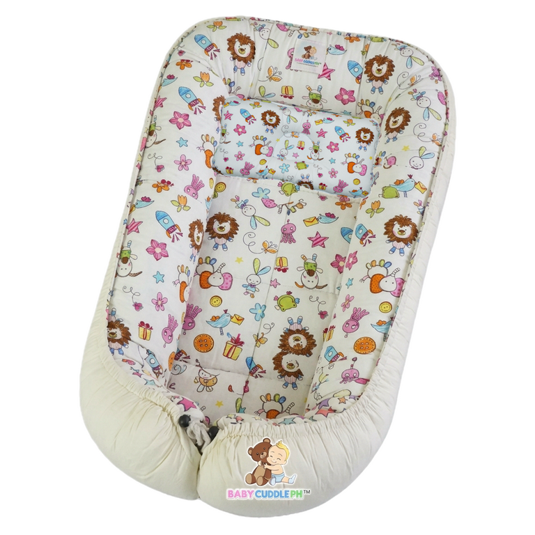 BabyCuddlePH™ Bed and Head Pillow - Baby Animals in Cream (Limited Stock)