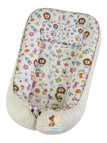 BabyCuddle Bed and Head Pillow - Baby Animals in Cream (Limited Stock)