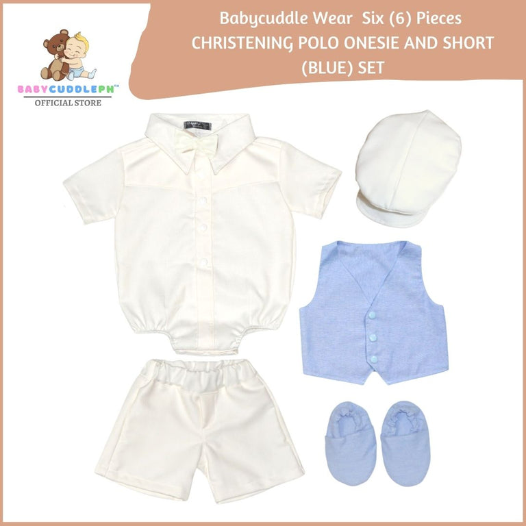 Six (6) Pieces Baptismal Polo Onesie and Short (Blue)
