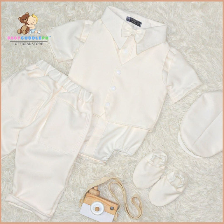 Six (6) Pieces Baptismal Polo Onesie and Pants (Cream)