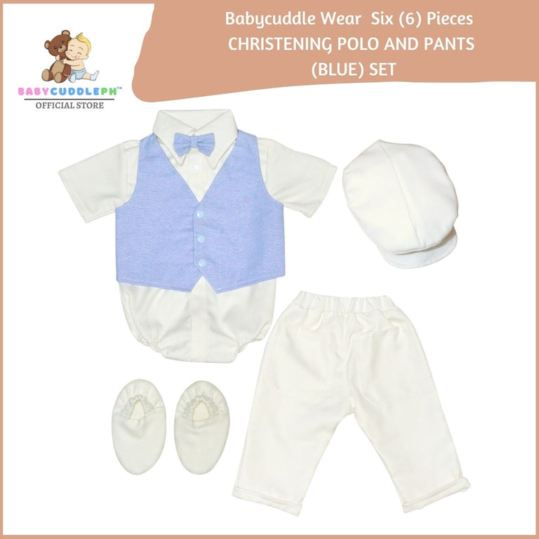 Six (6) Pieces Baptismal Polo Onesie and Pants (Blue)