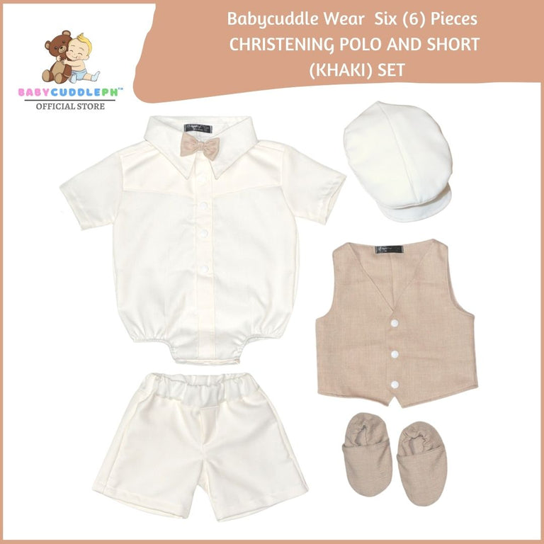 Six (6) Pieces Baptismal Polo Onesie and Short (Khaki)