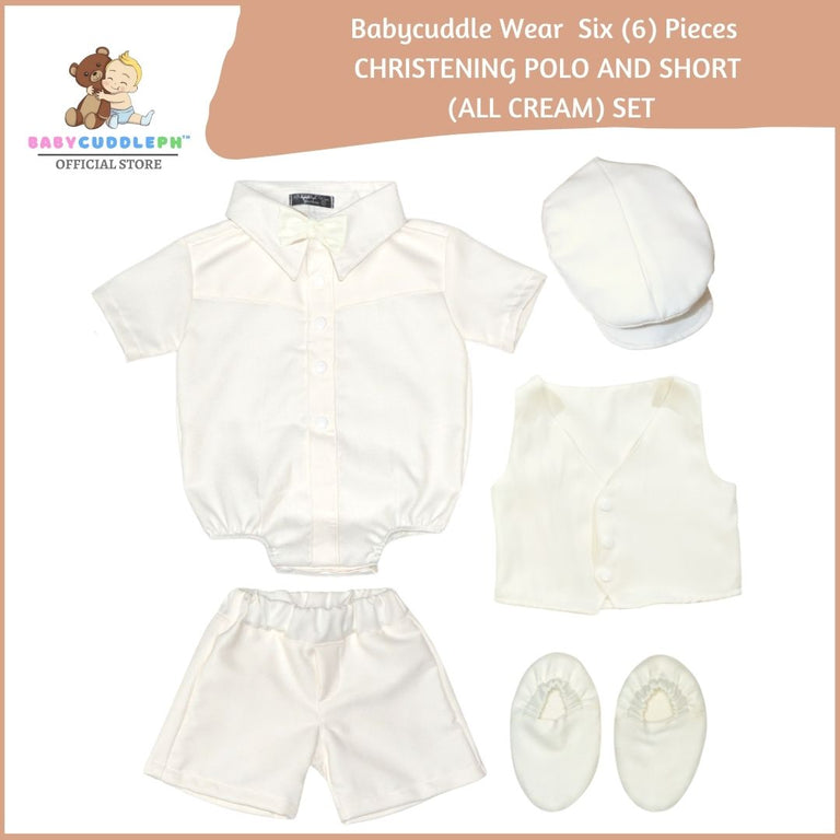 Six (6) Pieces Baptismal Polo Onesie and Short (All Cream)