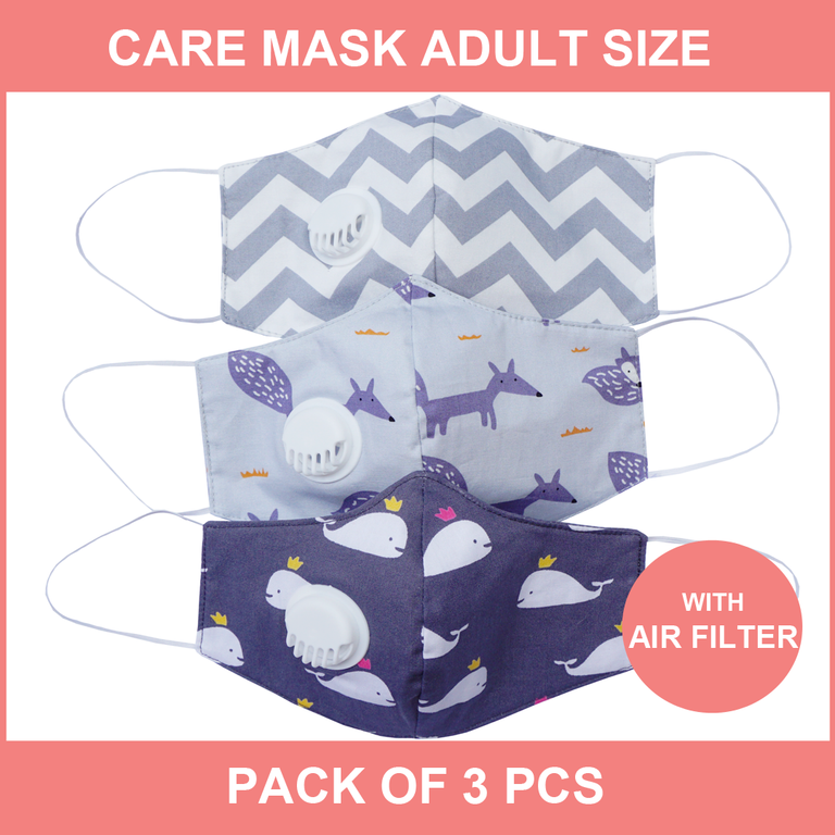 3 PCS Care Mask Adult Size - UNISEX DESIGN (with AIR FILTER)